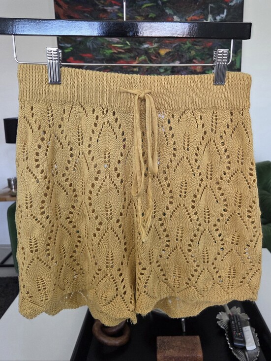 Almost Famous Pants - Almost Famous Knit Lace Pattern Boho Bohemian Shorts, Yellow Goldenrod - Large